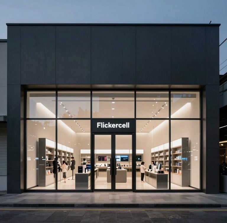 Wide panoramic shot of Flickercell store exterior in Bandung at dusk, modern minimalist design with subtle backlighting, sleek glass facade reflecting city lights, premium product photography, high-contrast studio lighting, deep obsidian and titanium gray tones, sharp macro details, 85mm lens