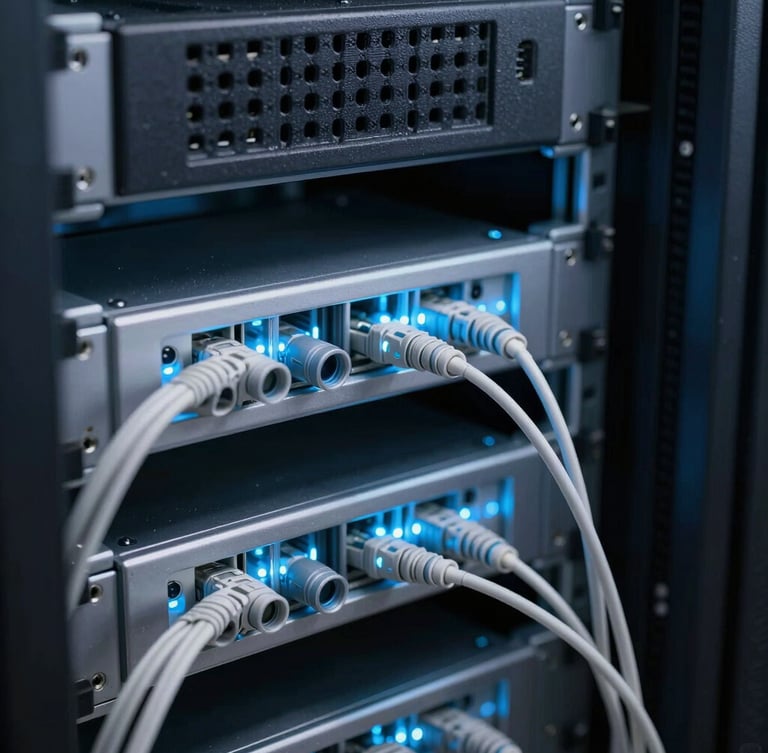 Macro shot of structured fiber optic cables glowing with subtle blue tech light inside a dark server room rack, architectural composition.