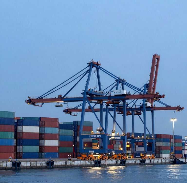 Wide architectural shot of a modern deep-water port at twilight, structured stacks of shipping containers under cool blue lighting, crisp industrial composition, 35mm lens.