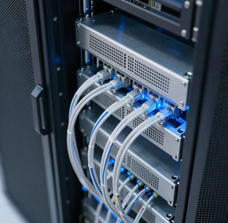 High-angle structured pattern of a high-tech server room, clean architectural lighting with subtle blue and white tech glows, macro detail of fiber optic cables running along a rack.