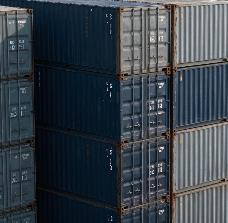 High-angle architectural shot of structured shipping container stacks in cool daylight, deep navy and slate grey tones, 35mm lens.