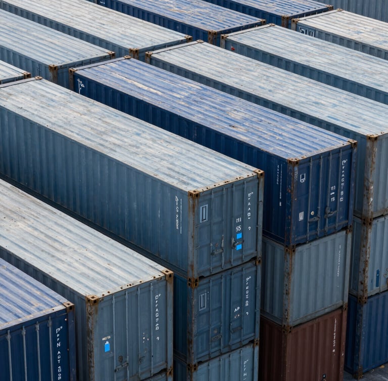 High-angle structured pattern of modern deep-water port container stacks under cool crisp daylight, subtle blue tech glows on metal edges, sharp 35mm architectural lens.