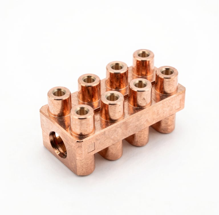 Crisp technical product photography of a heavy-duty copper terminal block, bright high-key studio light, clean white backdrop, sharp metallic details, orthographic angle