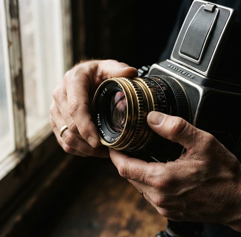 Close-up cinematic shot of hands adjusting a vintage medium format camera lens, dramatic side lighting casting deep shadows, high-contrast black and gold tones.