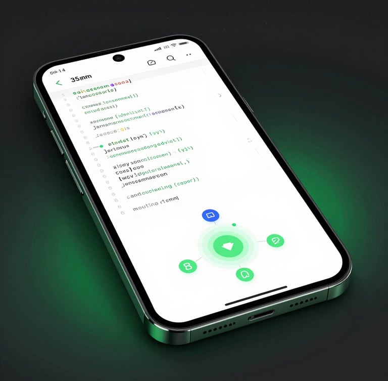 Sleek high-fidelity Android device mockup displaying clean code and a system architecture diagram, high-contrast dark studio lighting with electric green ambient backlight, macro lens, 35mm