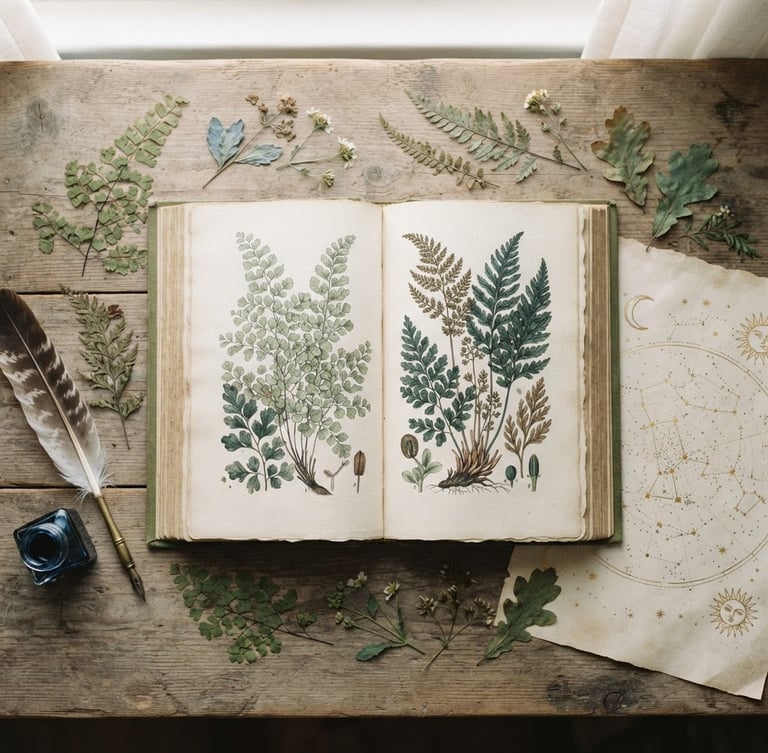 Elegant flat-lay of 'The Renascent World' book, open to a botanical illustration, surrounded by pressed ferns, a quill pen, and a delicate gold-foiled celestial element on antique paper, soft diffused morning light.