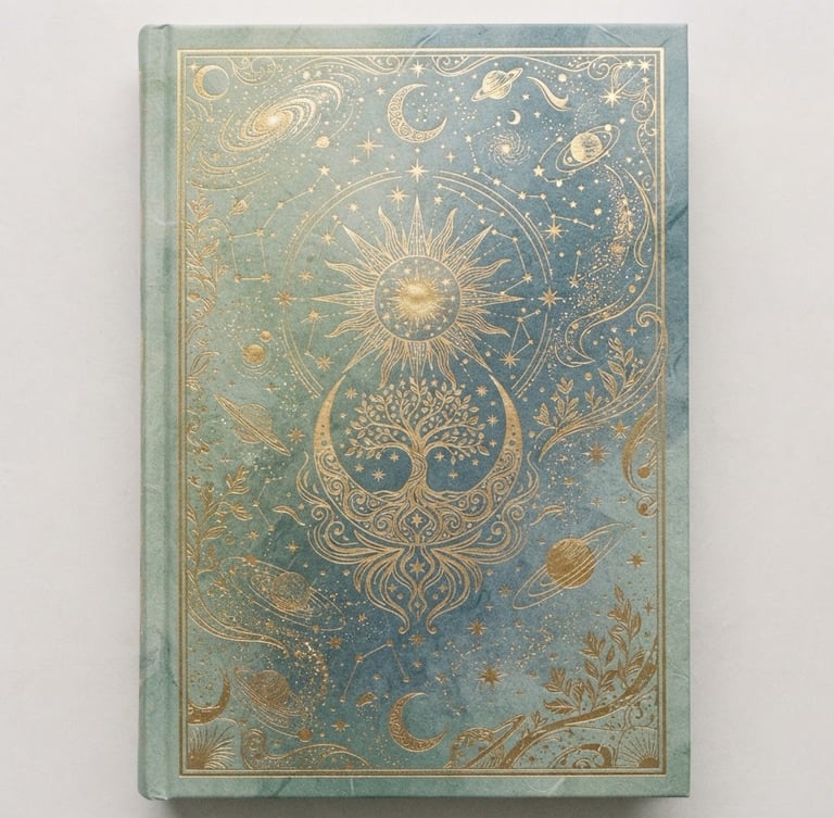 Book cover for 'The Renascent Effect' by Carryn W. Kerr, featuring intricate gold foil celestial elements against a muted sage and dusty blue background, soft diffused light.