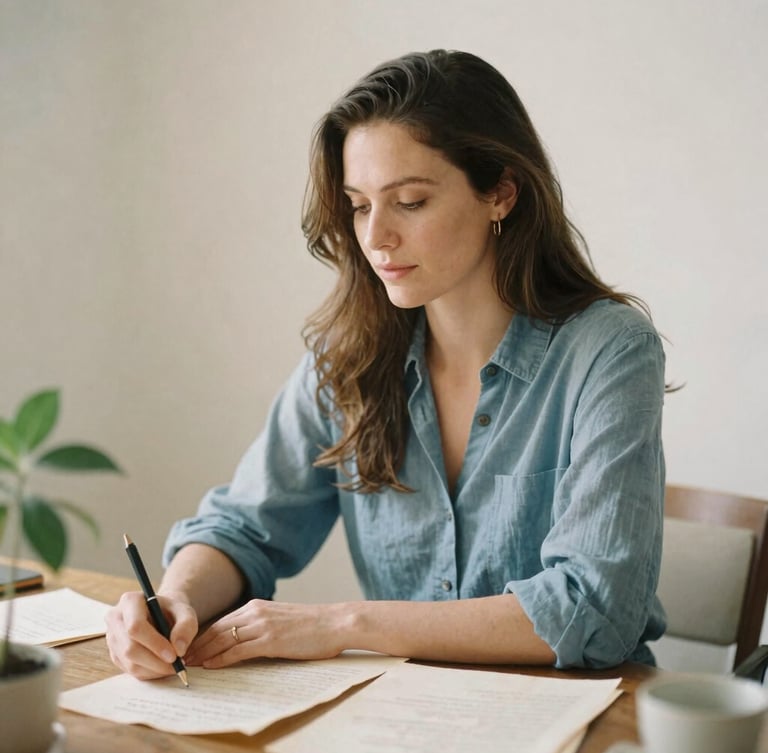 Carryn W. Kerr's Goodreads author photo, warm natural light, soft focus, elegant editorial style, sitting at a writing desk with botanical elements and antique paper, 35mm film aesthetic