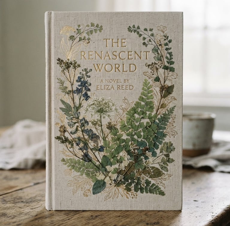 The Renascent World book cover, elegant, soft diffused daylight, botanical details like pressed ferns, subtle gold foil accents, 35mm film aesthetic, wide airy composition