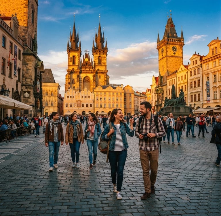 Authentic moment of travelers exploring an ancient European city square at golden hour, wide-angle, rich saturated tones, 35mm
