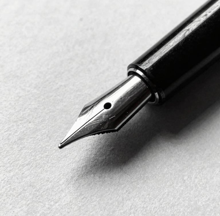 Macro close-up of a vintage fountain pen tip resting on textured bone-white paper, high-contrast side lighting, deep shadows, 35mm grain