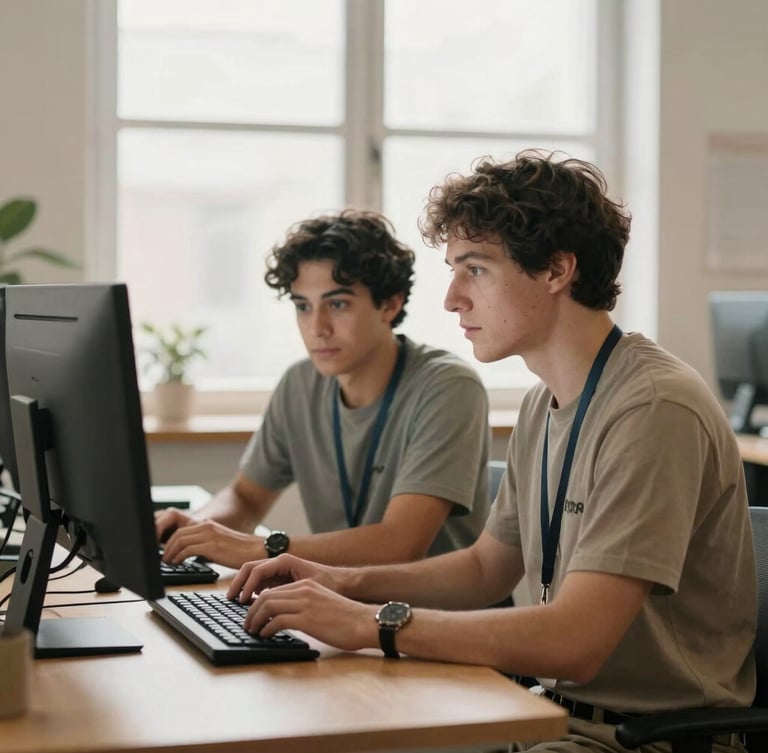 A volunteer befriender and a neurodivergent young adult working together on a computer screen in a bright, modern micro-enterprise workspace, natural window light, focused and dignified.