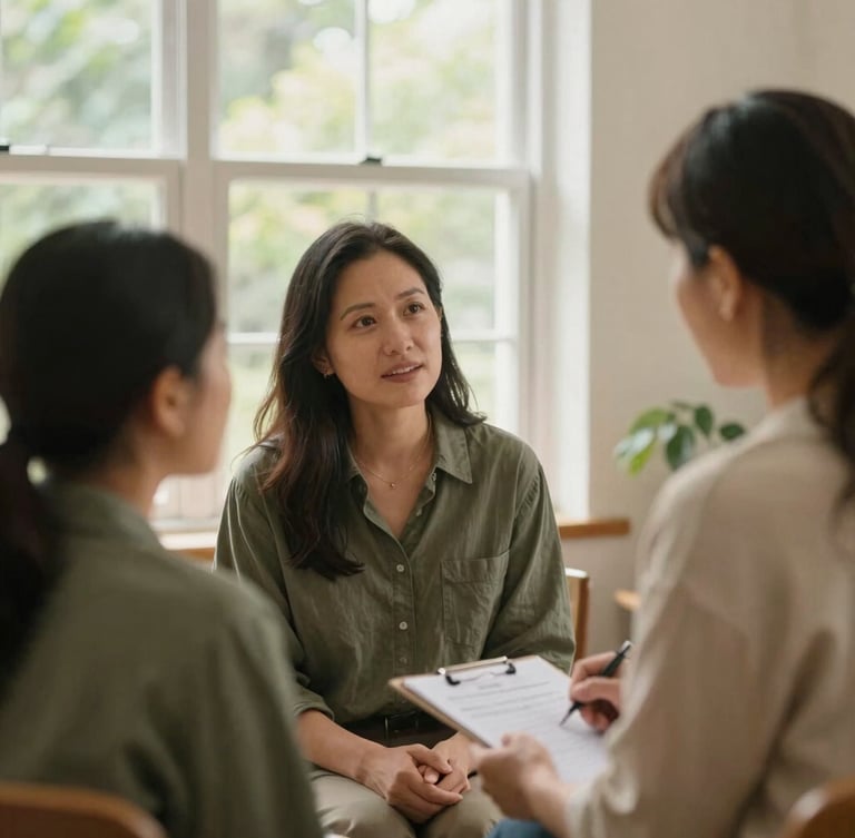 A warm, authentic medium shot of two parents talking with a program coordinator in a sunlit room, soft natural light, forest green accents, 35mm lens