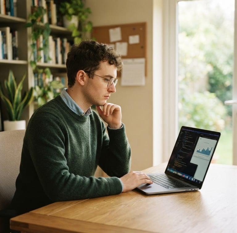 Dignified medium shot of a neurodivergent young adult focused on a laptop screen, warm natural window light, soft green tones, professional setting, 35mm lens