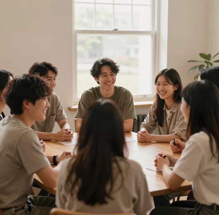 A warm group of young adults and volunteers laughing together around a table in a cozy, sunlit community space, soft natural window light, gentle earthy tones, authentic and dignified, 35mm lens.