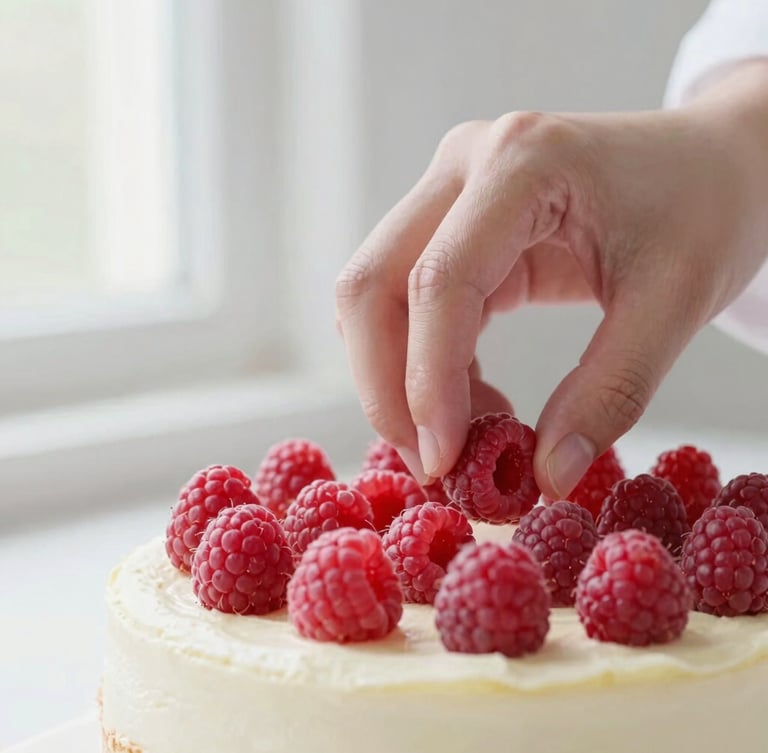 Bright macro food photography, hands of a pastry chef carefully placing fresh raspberries onto a clean-cut cake layer, soft natural window light