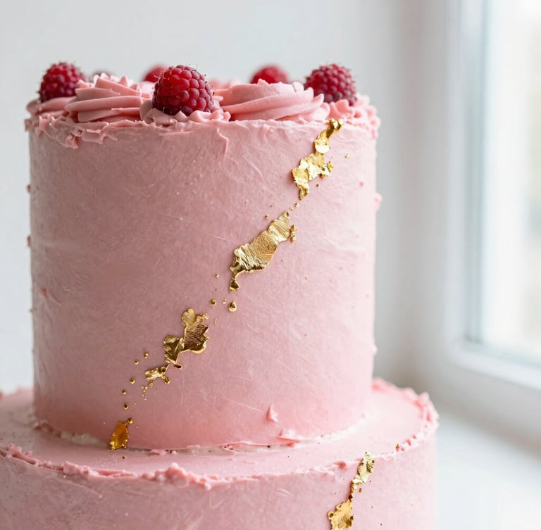 A tight, vertical macro crop of a modern wedding cake with textured raspberry pink buttercream and delicate edible gold leaf details, bright natural side-lighting, clean white background