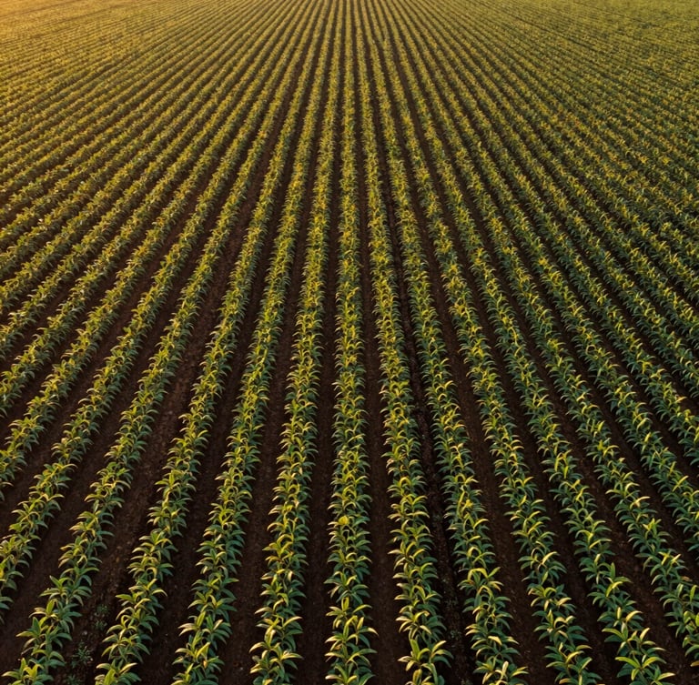 Aerial drone view of a massive, perfectly lined soybean plantation in Brazil during golden hour, deep green crops, rich dark soil, high-end editorial real estate style