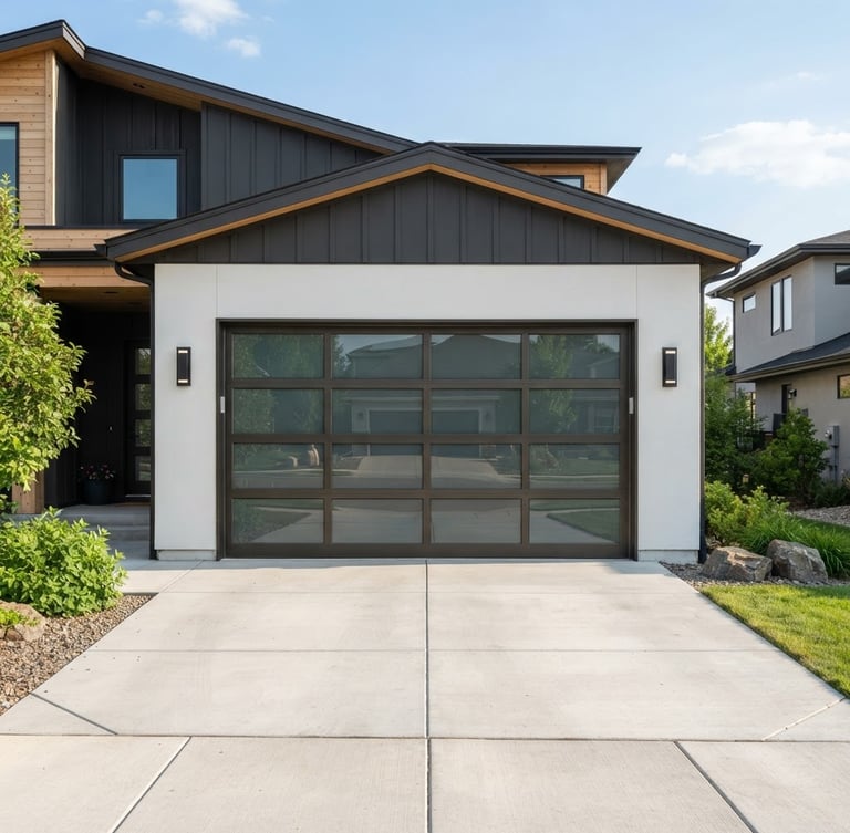 Crisp, straight-on view of a modern American residential garage door installation, clean lines, suburban home, bright daylight, professional photography.
