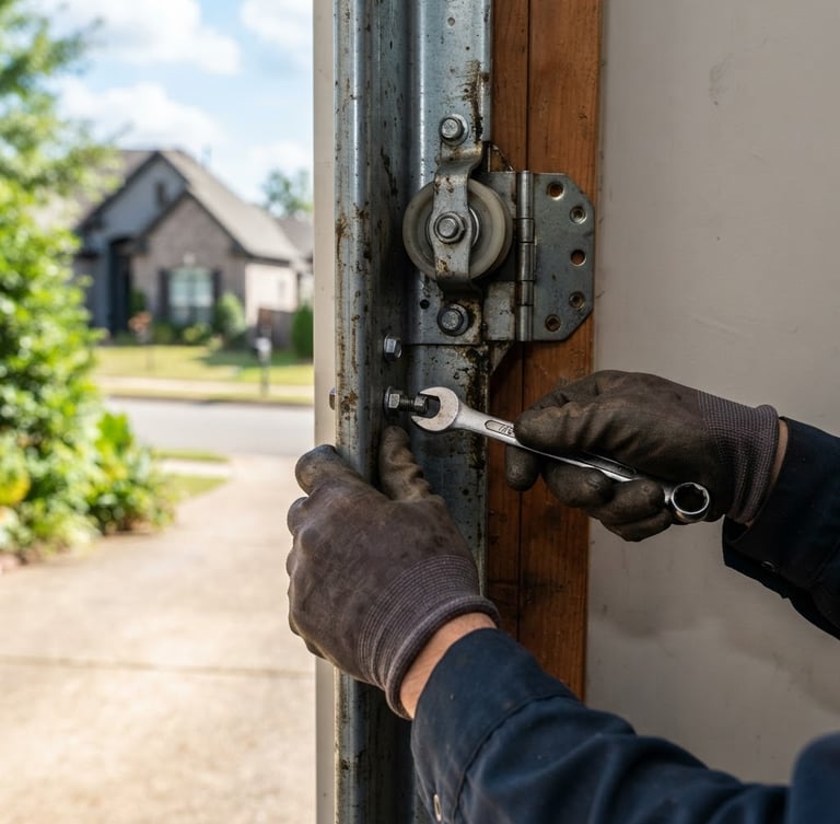 Tight macro shot of a technician's hands adjusting a residential garage door track, focused on the metal components, with a suburban Memphis driveway in the background. Crisp daylight, high contrast, 35mm lens.