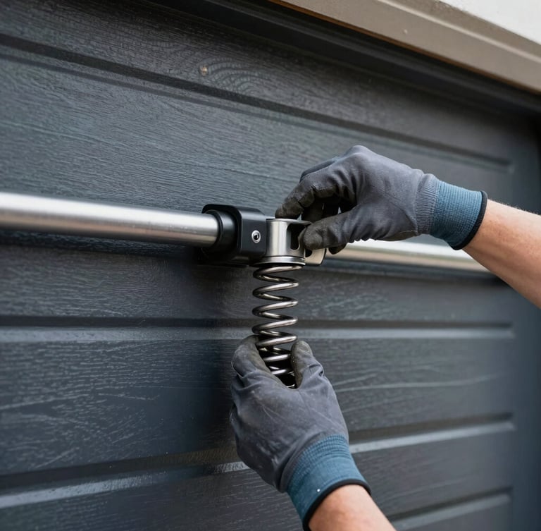 Close-up of a technician's gloved hands safely adjusting a new torsion spring on a garage door shaft, tools visible, crisp lighting.