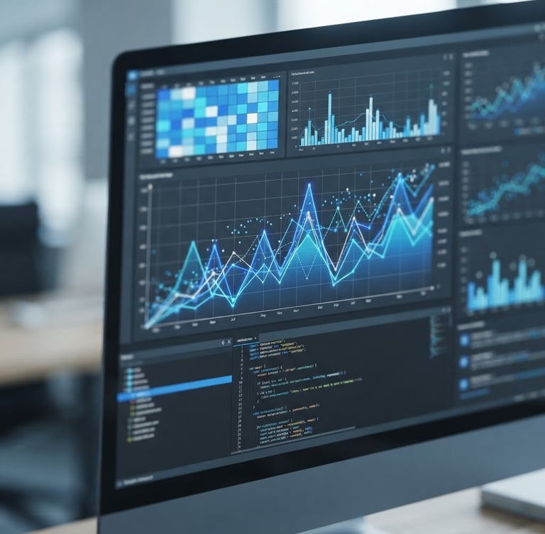 Macro shot of a high-fidelity UI mockup displaying complex data graphs, code lines, and search performance metrics on a slate-colored monitor, crisp cool office daylight, sharp focus, shallow depth of field