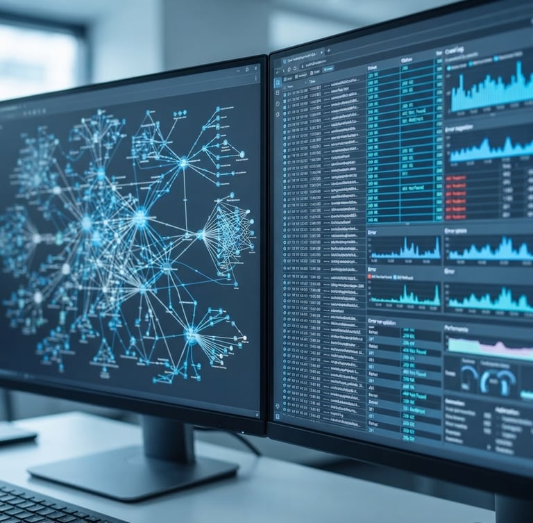 Macro close-up of dual monitors displaying complex site architecture maps and crawl logs, crisp cool office daylight, high-contrast slate and electric blue tones, sharp focus.