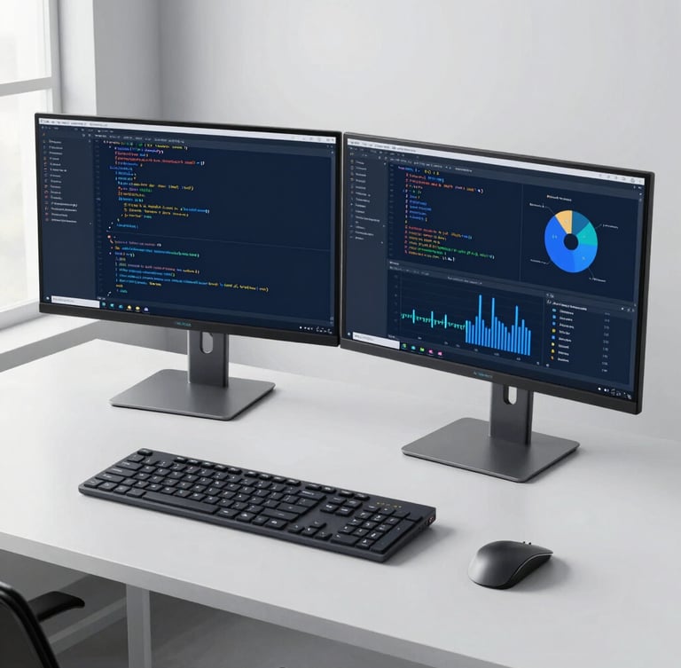 A clean modern workspace with dual monitors showing code and analytics, cool crisp office daylight, high-contrast slate and electric blue tones, sharp focus.