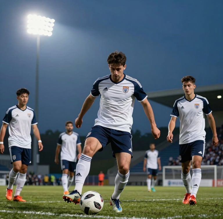 Low-angle action shot of corporate football players in matching professional kits, dramatic evening floodlights, sharp freeze-frame of ball control, 70-200mm lens