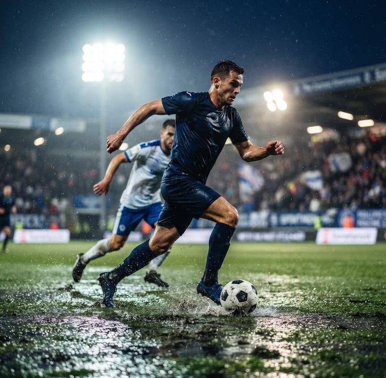 Low-angle dynamic action shot of corporate players in premium matching kits, dramatic evening stadium floodlights reflecting off the wet turf, high-contrast athletic tones, 70-200mm lens.