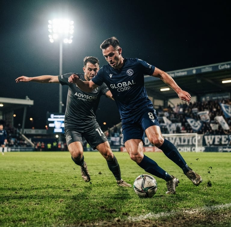Dynamic low-angle action shot of corporate football players competing under intense evening floodlights, sharp focus on ball control, dark athletic tones.