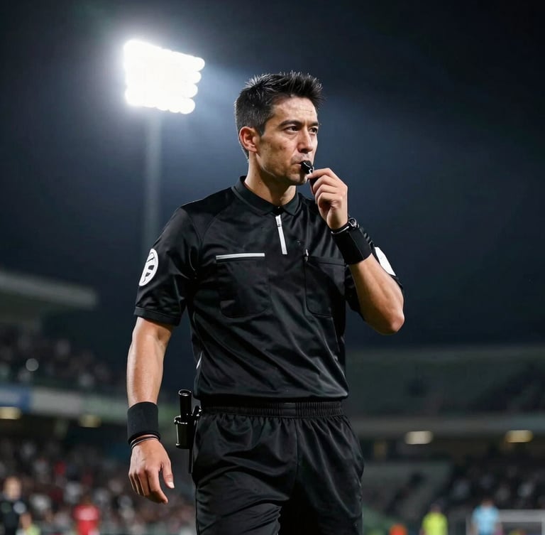 A professional football referee in a black kit holding a whistle, dramatic side lighting, high-contrast dark background, sharp focus.