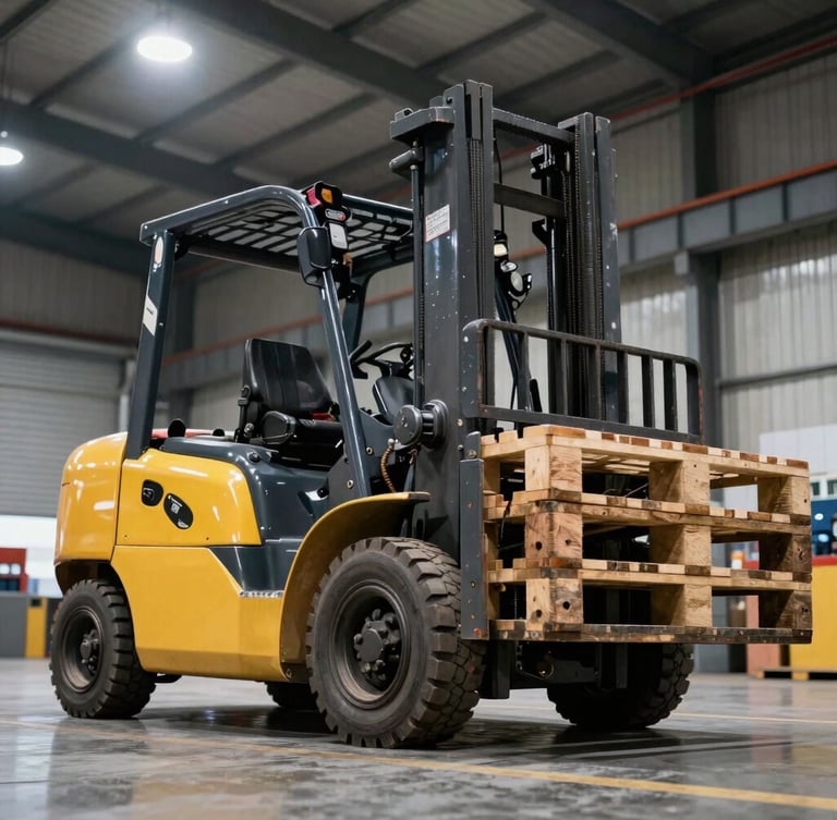 Low-angle shot of a yellow combustion forklift lifting heavy pallets inside a high-contrast industrial warehouse, harsh overhead lights reflecting on the metal, realistic mechanical details.
