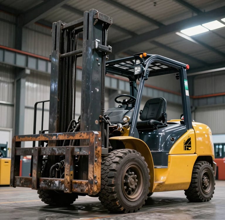 Low-angle shot of a heavy-duty yellow combustion forklift lifting cargo in a high-contrast industrial warehouse, harsh overhead lighting highlighting mechanical grease and steel.