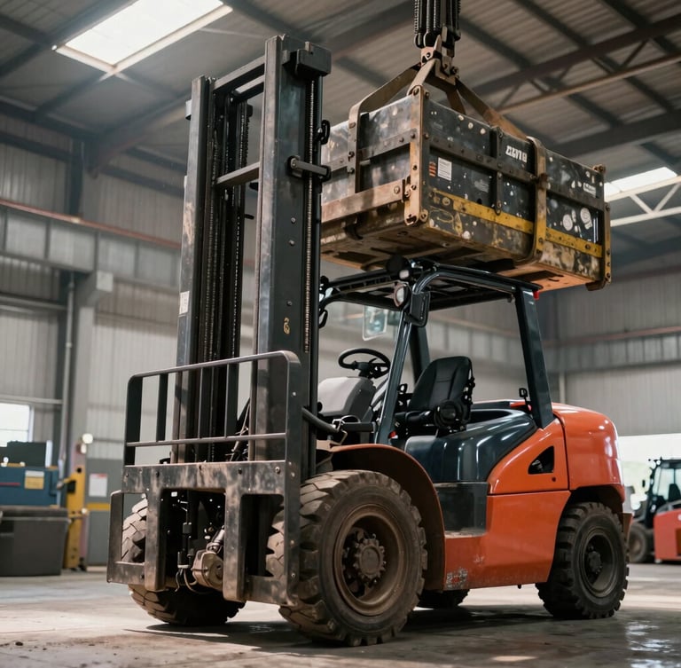 Low-angle dramatic shot of a heavy combustion forklift lifting a heavy load in a Cancún warehouse, harsh industrial lighting, dust particles visible in light beams.