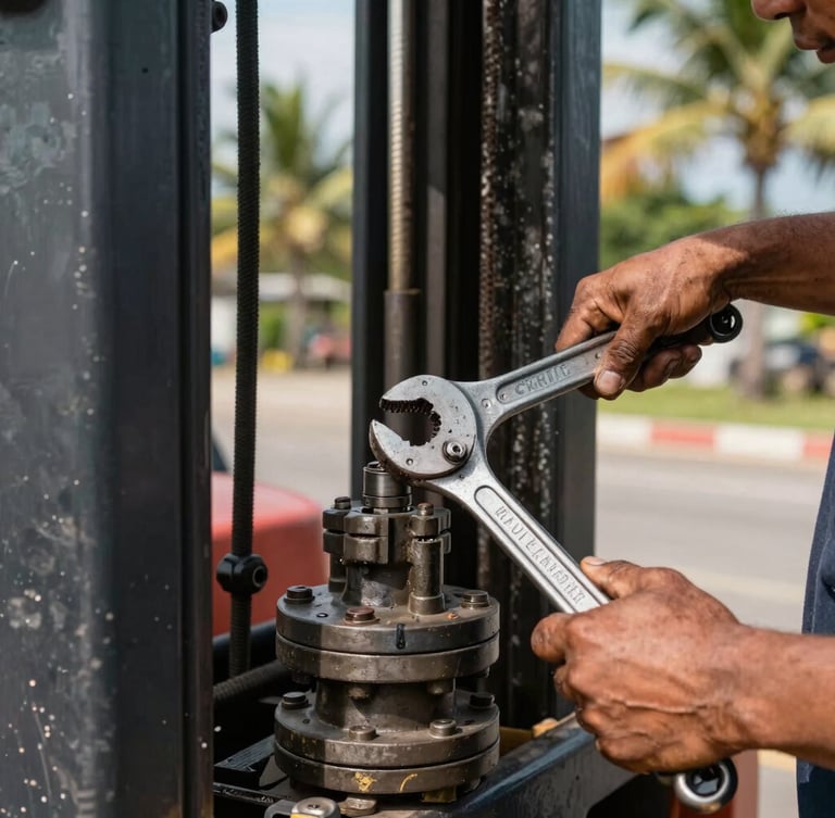 Close-up of a mechanic's grease-stained hands using a wrench on a heavy hydraulic valve of a forklift engine, harsh outdoor tropical sunlight, high-contrast.