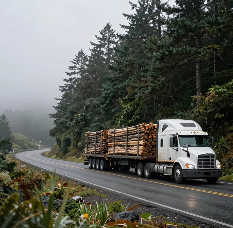 A flatbed semi-truck hauling industrial timber along a winding coastal highway in Oregon, misty pine trees in the background, overcast moody daylight.