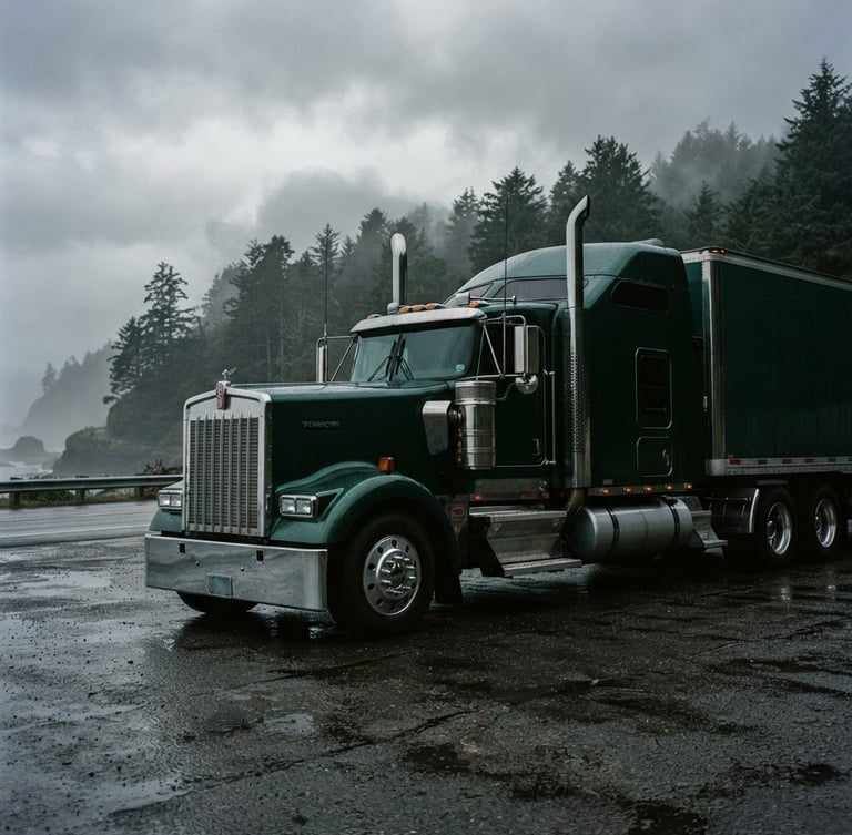 Low-angle heroic shot of a clean dark green semi-truck parked on wet coastal asphalt, misty pine forest background, moody overcast daylight, 35mm lens