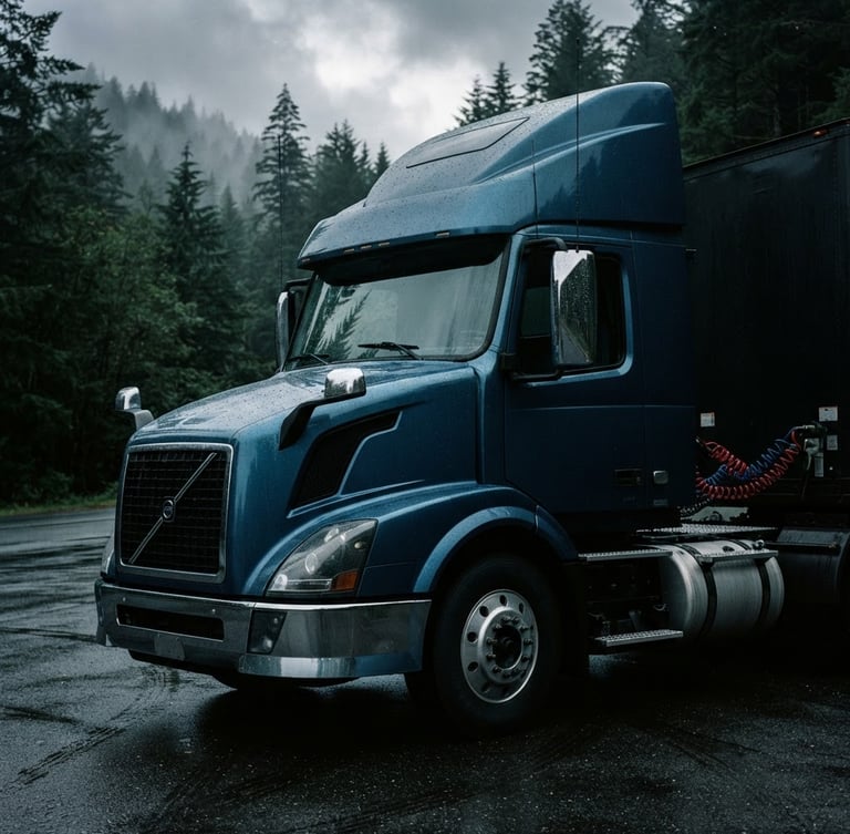 Portrait-oriented close-up of a clean, branded semi-truck cab parked on wet asphalt, moody overcast daylight, deep forest greens and misty pine trees in the background, 35mm lens