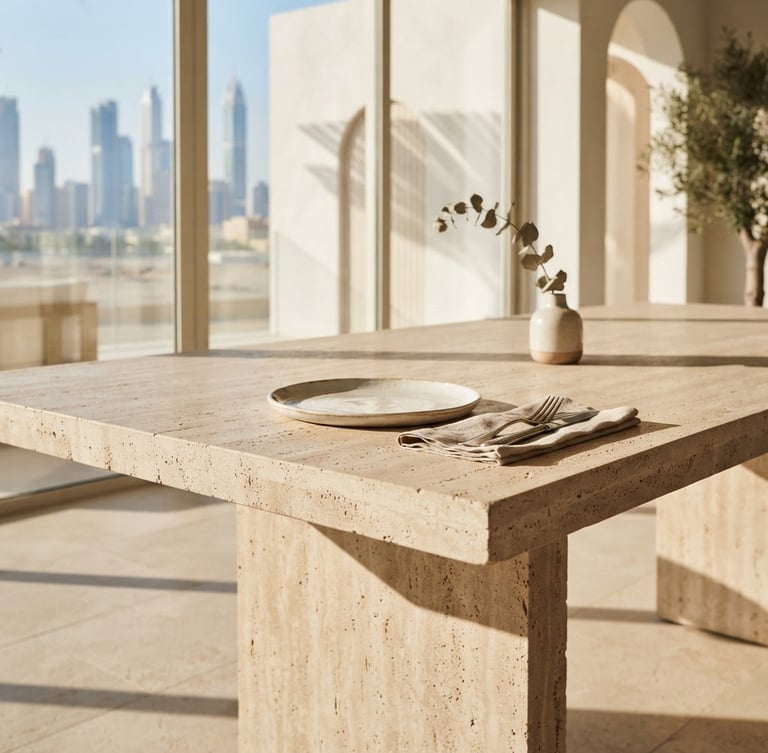 Editorial architectural crop of a minimalist travertine dining table in a sun-drenched Dubai villa, soft afternoon shadows, warm neutral tones, medium format