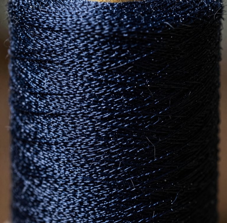 Extreme close-up, macro lens view of a spool of deep navy, high-resistance embroidery thread, with dramatic side-lighting emphasizing its texture and strength.