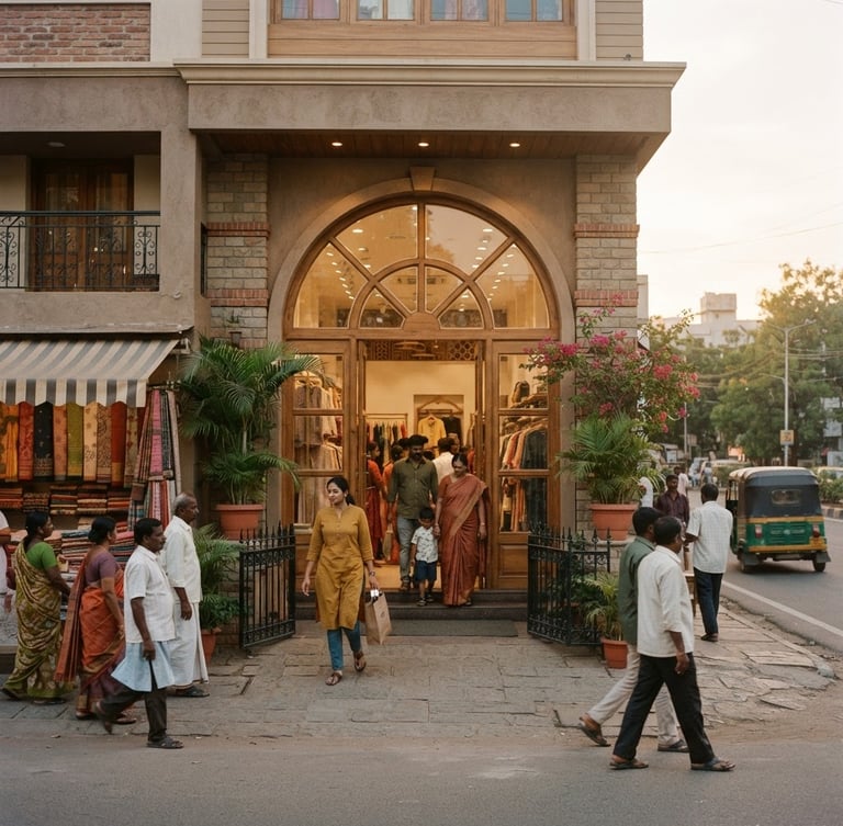 Wide shot of the Mega's Fashion storefront in Saravanampatti, Coimbatore, during golden hour, warm natural daylight, soft shadows, unposed people entering and exiting, muted earth tones, 35mm film aesthetic.