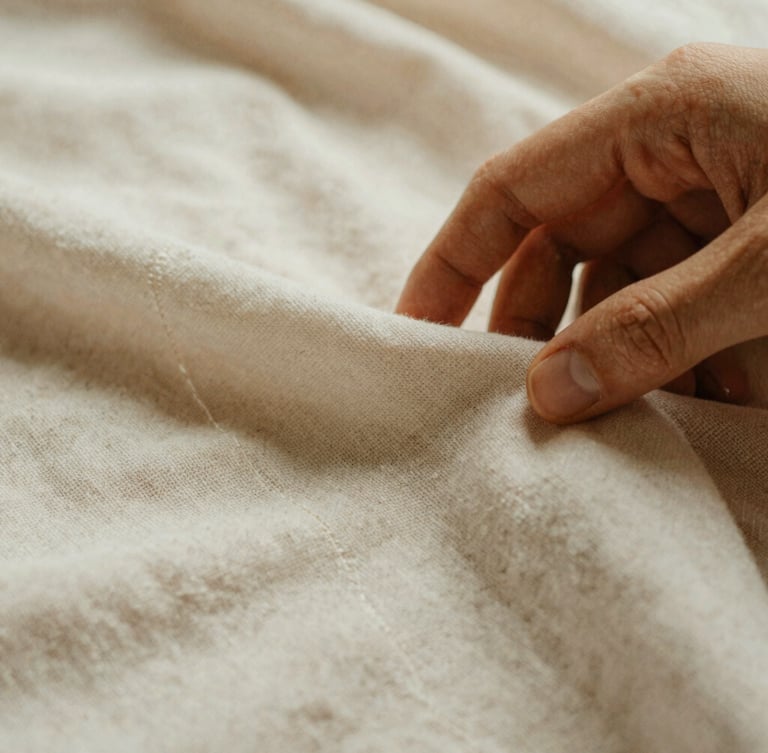 Close-up macro shot of a hand gently touching a breathable cotton fabric, showing the weave and stitching details, under warm, diffused natural daylight. Soft shadows, muted earth tones, 35mm film aesthetic.