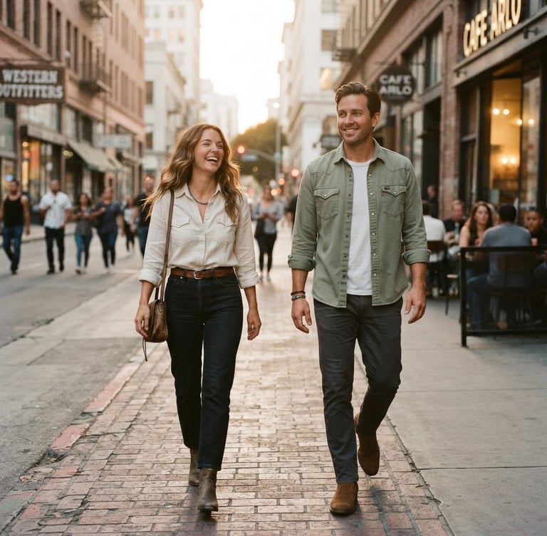 Real people in natural, unposed movements wearing a stylish, breathable Western wear capsule outfit in an urban environment at golden hour, soft shadows, medium-long shot, 35mm film aesthetic