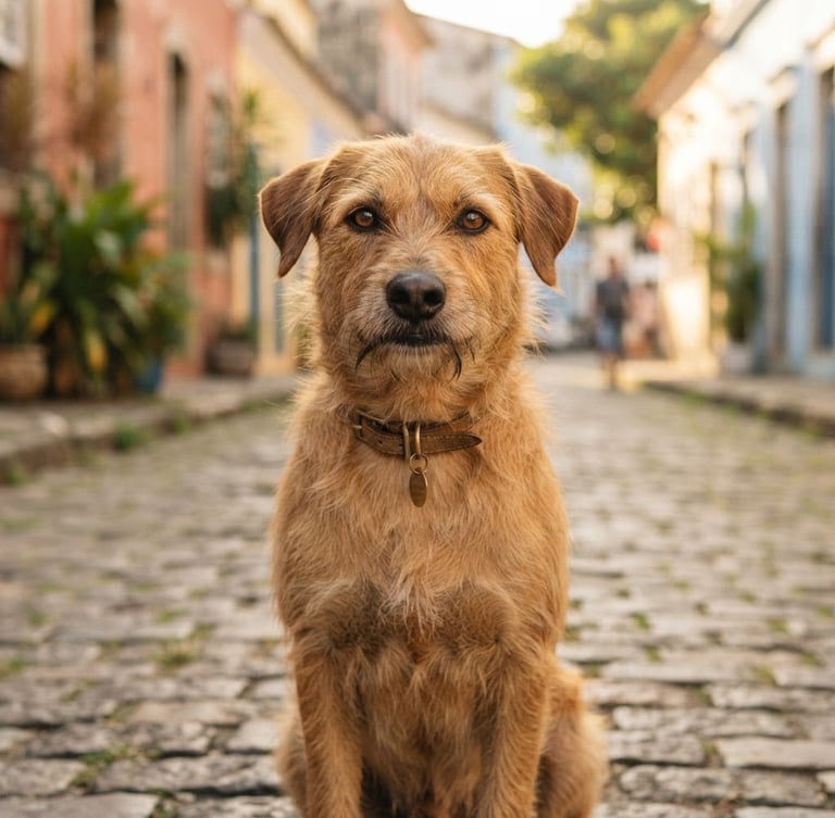 Authentic portrait of a gentle mixed-breed dog looking directly at the camera on a quiet Brazilian street, warm afternoon daylight, shallow depth of field, hopeful look