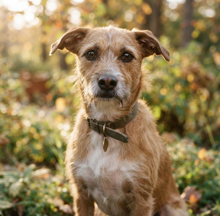 Warm editorial portrait of an anxious but beautiful mixed-breed dog looking directly into the camera, natural outdoor daylight, soft background, sharp focus, shallow depth of field