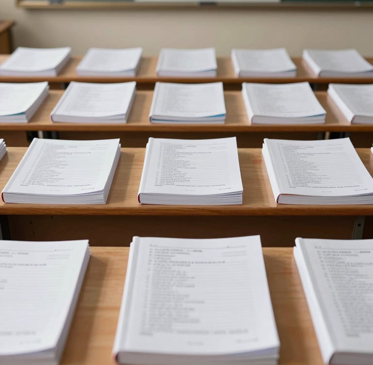 Straight-on medium shot of a structured Delhi classroom, German language textbooks neatly stacked on wooden desks, bright daylight, geometric order.