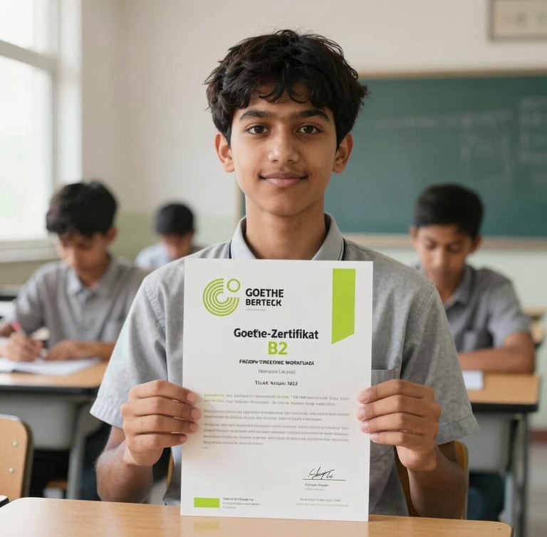 Straight-on shot of a student holding an official Goethe-Zertifikat B2 certificate inside a bright Tilak Nagar classroom, clean daylight, neutral background
