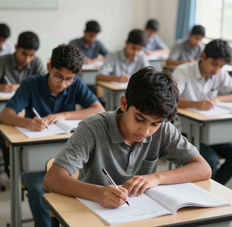Straight-on medium shot of a structured German language classroom in Delhi, students writing mock exams on paper, clean daylight, sharp focus on study materials.
