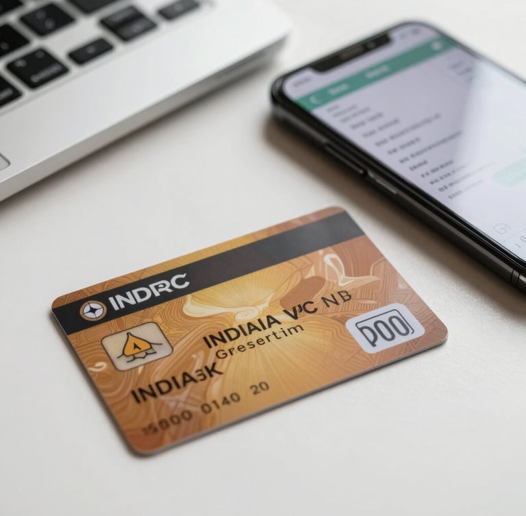 Close-up of a high-quality printed Indian PVC card and a smartphone displaying a digital payment receipt, bright daylight-balanced lighting, modern workspace background.